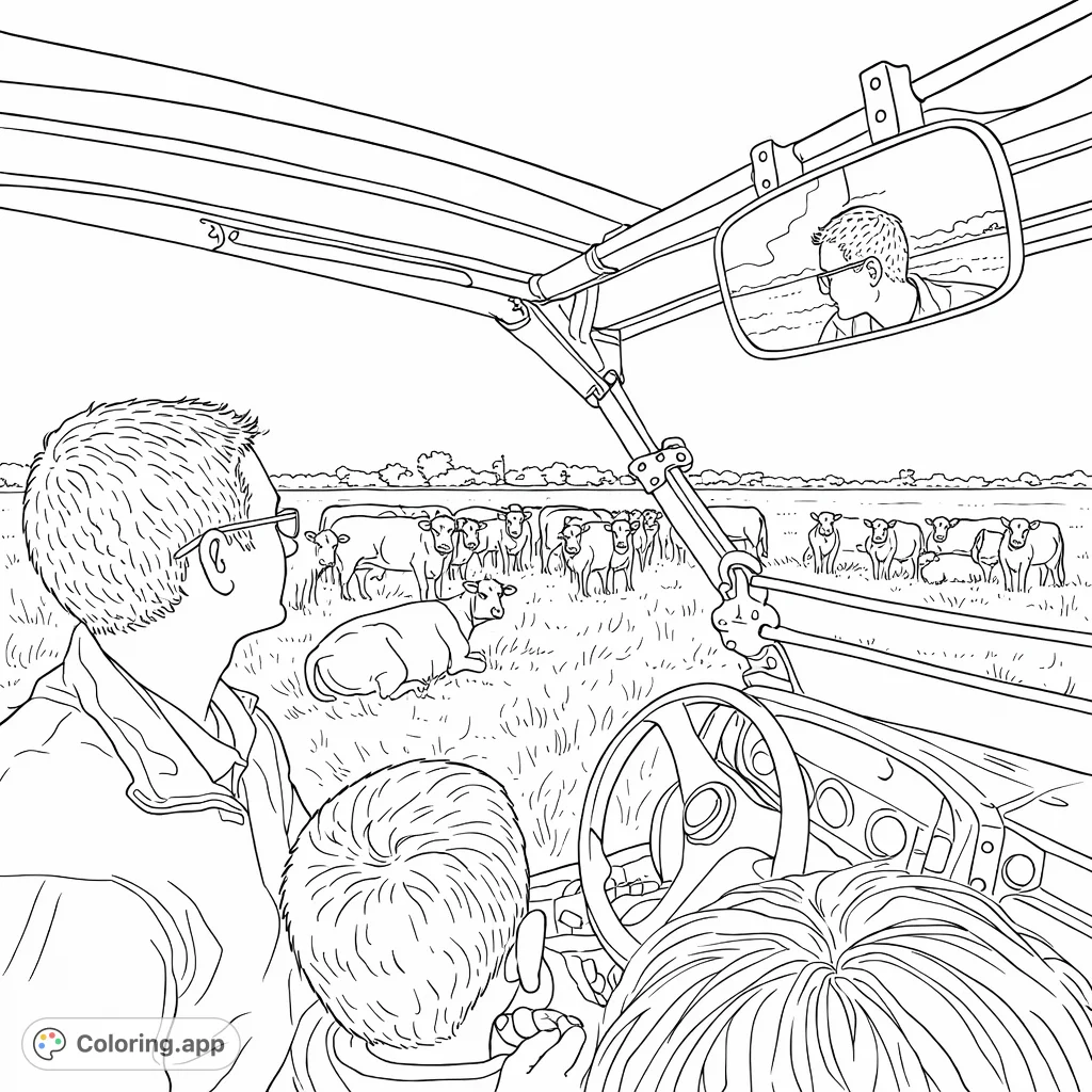 Experience a farm adventure from a utility vehicle, observing a large herd of cattle grazing in a vast field under an open sky. Perfect for farm animal fans!