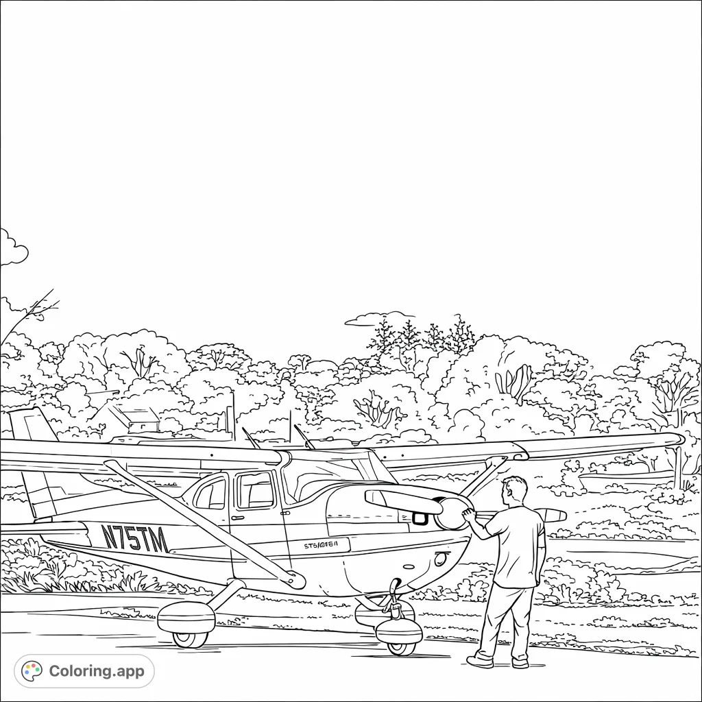 Color a detailed propeller plane with a person performing a pre-flight check against a backdrop of varied trees and open sky. Perfect for aviation enthusiasts!