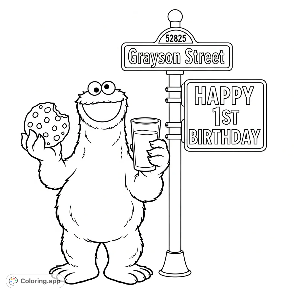 A delightful Cookie Monster holds a cookie and milk, flanked by a street sign and a "HAPPY 1ST BIRTHDAY" message, perfect for a festive coloring page.