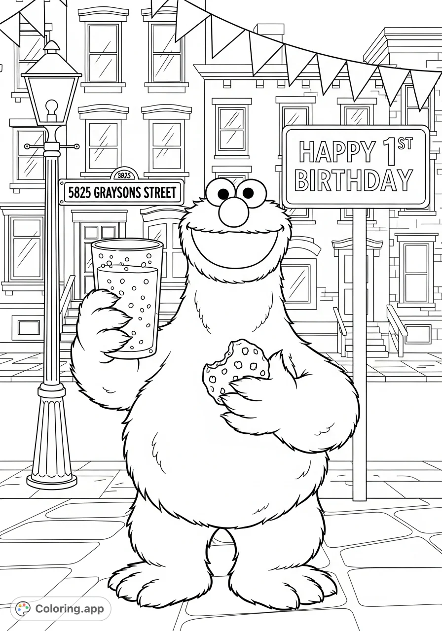 A cheerful Cookie Monster from Sesame Street enjoys milk and a cookie, celebrating a "Happy 1st Birthday" on Graysons Street. Perfect for kids!