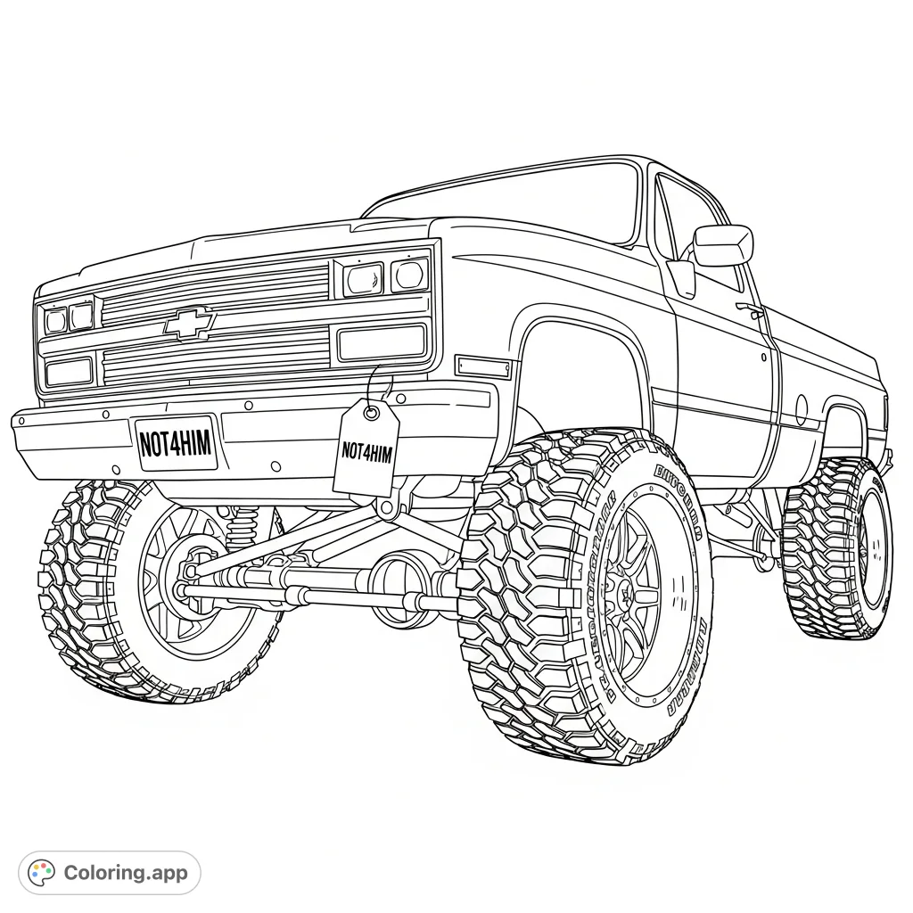 A powerful lifted Chevy cat-eye truck, detailed with impressive rims, rugged mud grip tires, and a custom front tag displaying "not4him".