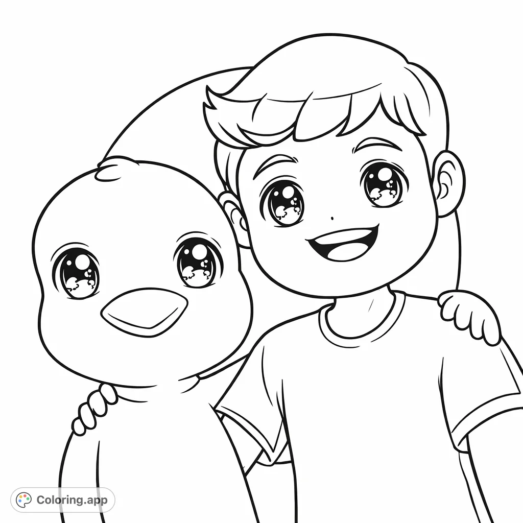 An adorable cartoon boy and his cheerful bird friend share a happy hug, perfect for imaginative coloring fun. This free printable offers joy for all ages.