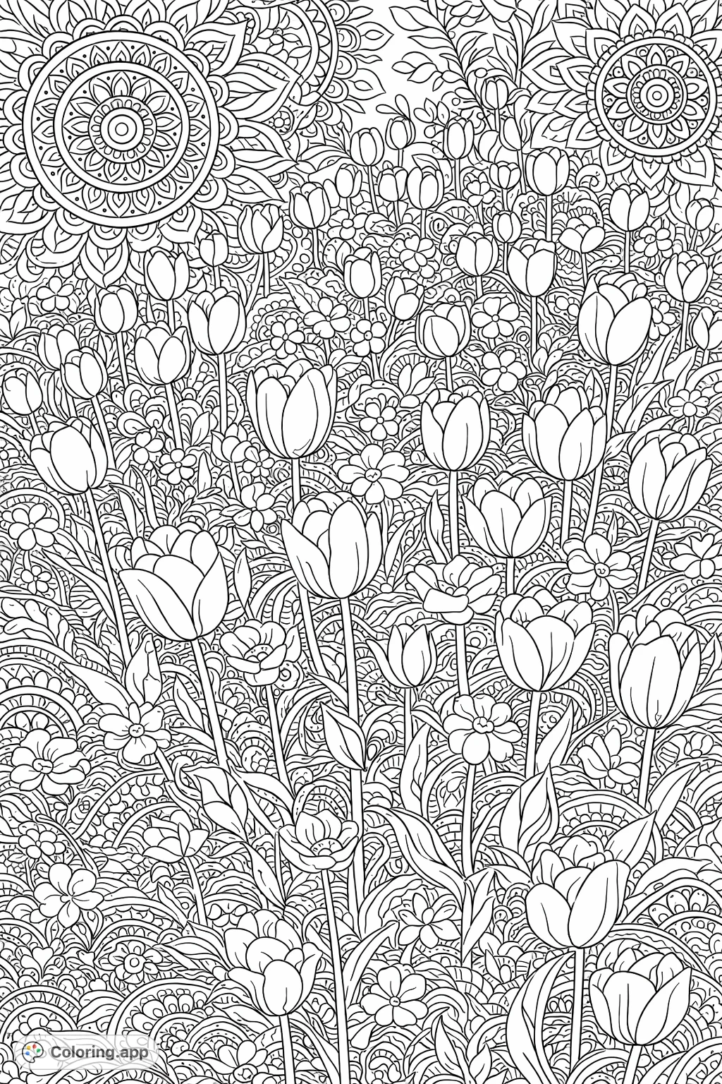 Immerse yourself in a beautiful spring mandala garden coloring page, featuring intricate tulips and diverse floral patterns for a relaxing, detailed creative escape.
