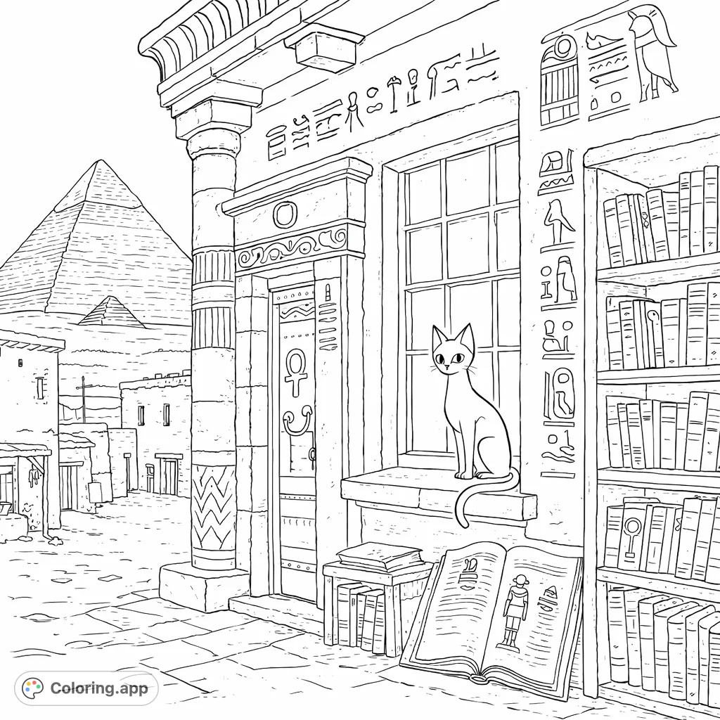 Explore a detailed Ancient Egypt coloring page featuring a regal cat on a sunlit windowsill, surrounded by hieroglyphs, ancient books, and distant pyramids.
