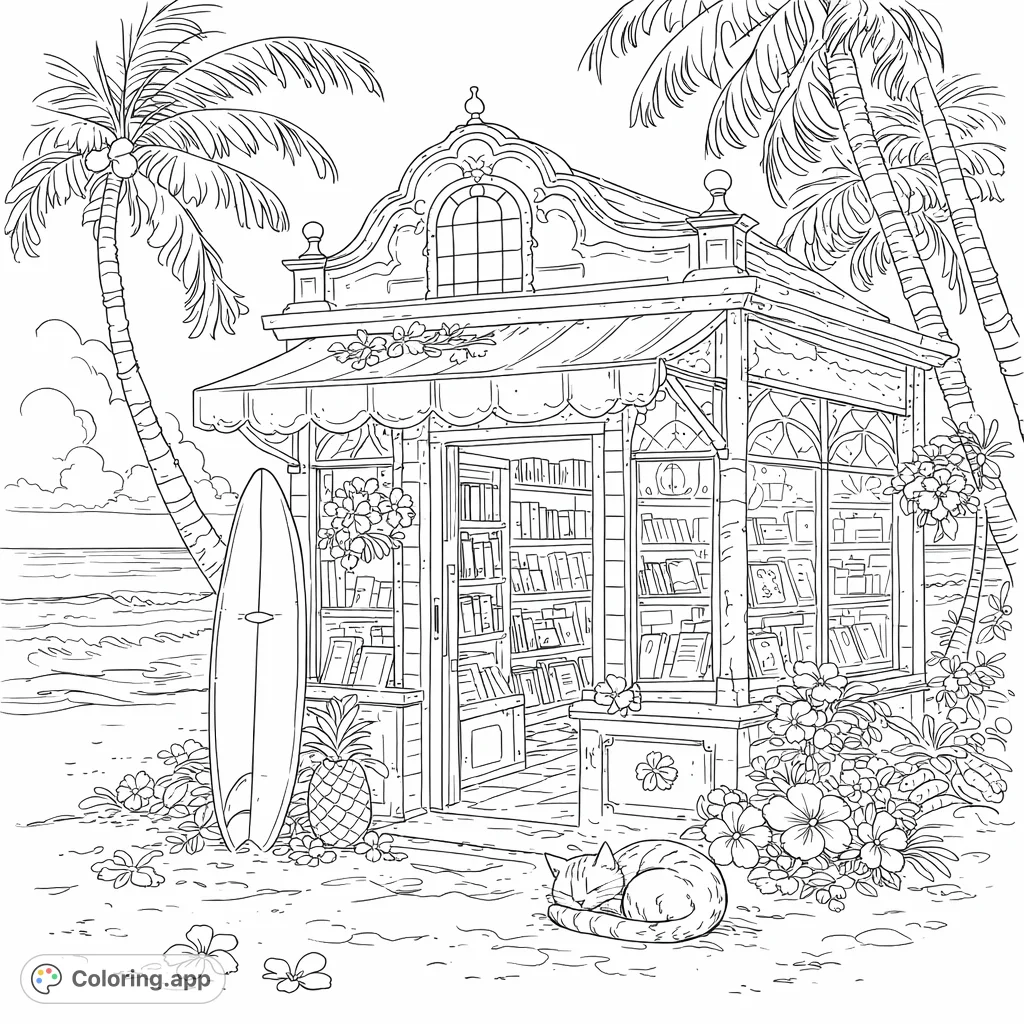 Discover a cozy beachfront bookstore with a sleeping cat, surfboard, and tropical flora under palm trees. A detailed scene for a relaxing coloring escape.