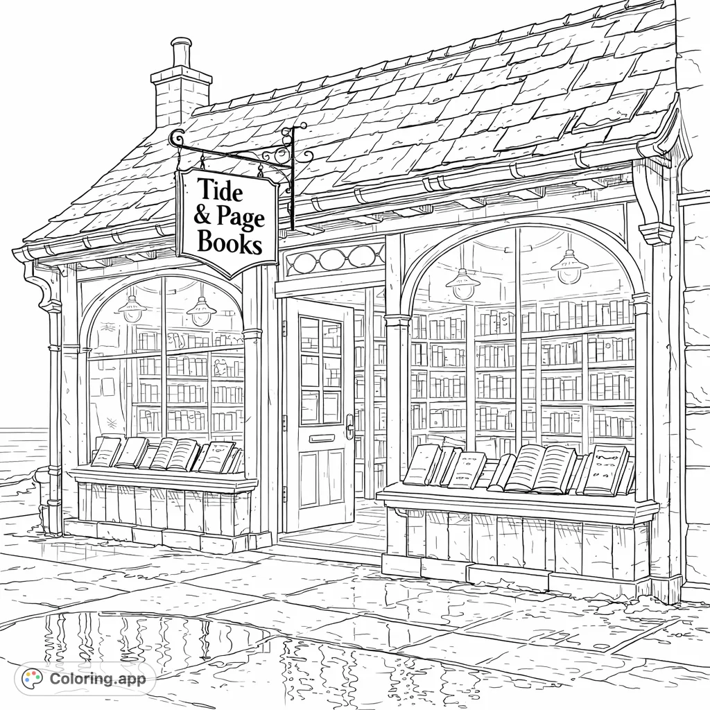 Explore a charming coastal bookstore with arched windows, overflowing bookshelves, and a cozy evening glow. A delightful scene for book lovers and architecture enthusiasts.