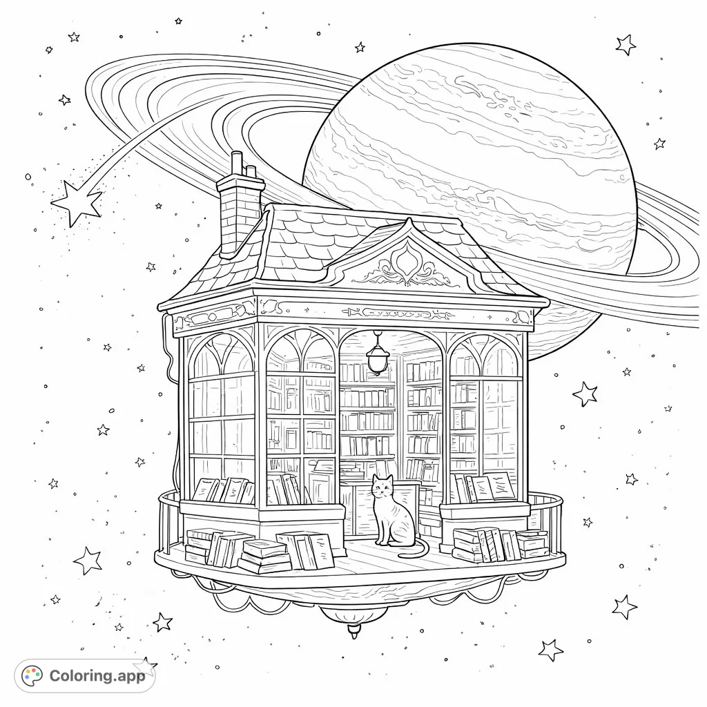 Explore a whimsical cosmic bookstore floating among stars and planets, complete with a cozy interior, stacks of books, and a feline companion.