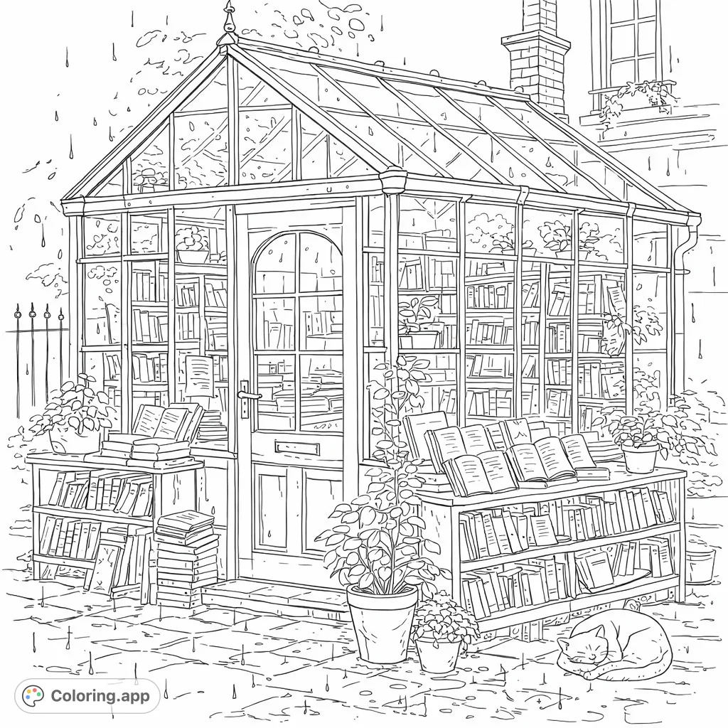 A charming glass bookshop filled with shelves of books, potted plants, and a sleeping cat, inviting a serene coloring experience.