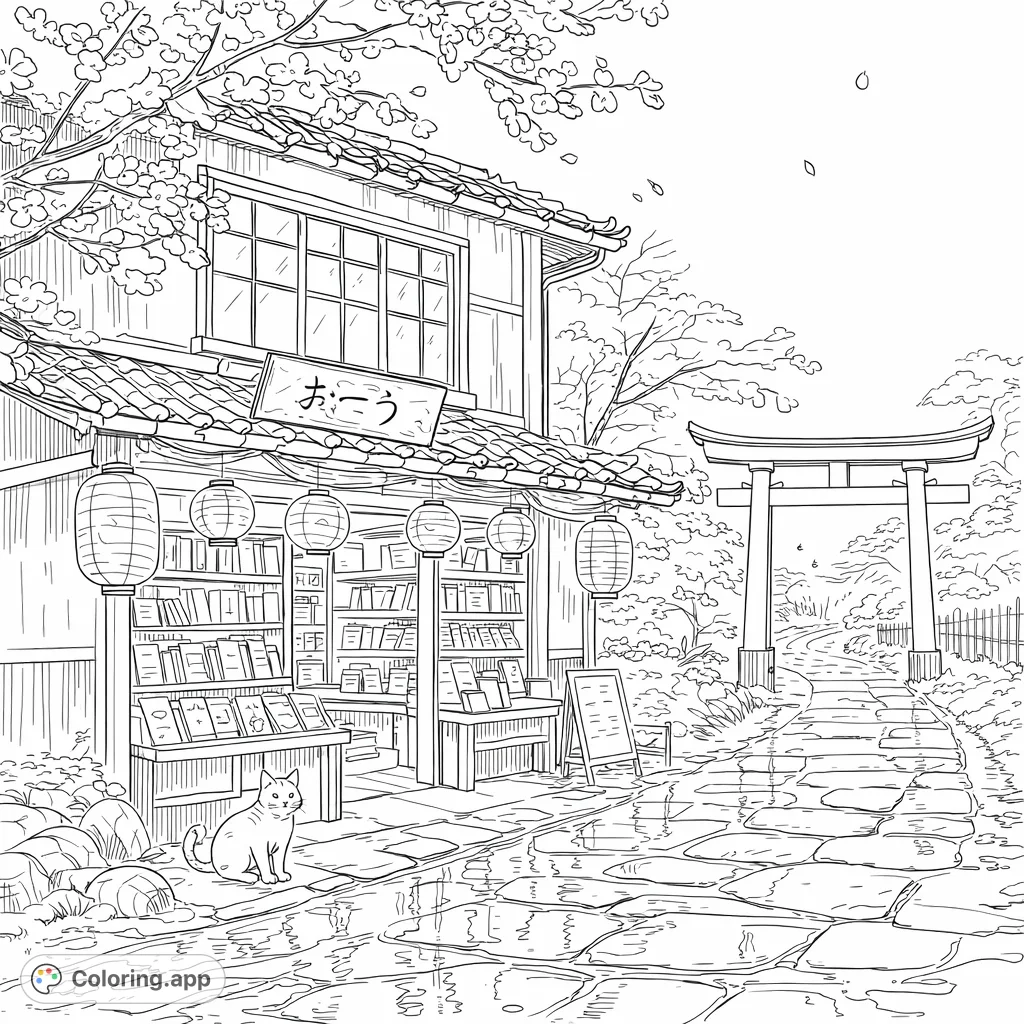 Step into a tranquil Japanese street scene with a charming bookstore, a friendly cat, and beautiful blossoms, perfect for detailed coloring.