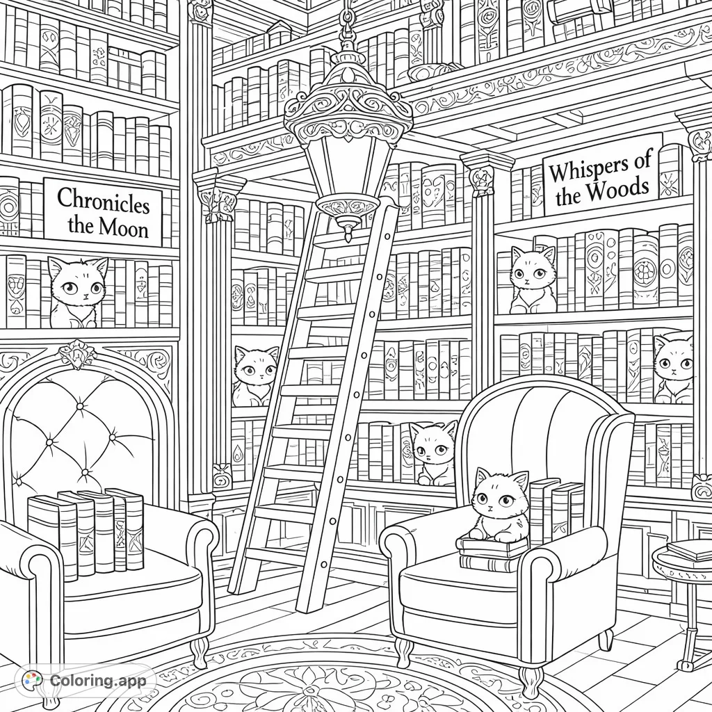 Explore a charming library filled with towering bookshelves, cozy armchairs, and playful cats. A detailed scene perfect for book lovers and feline enthusiasts.