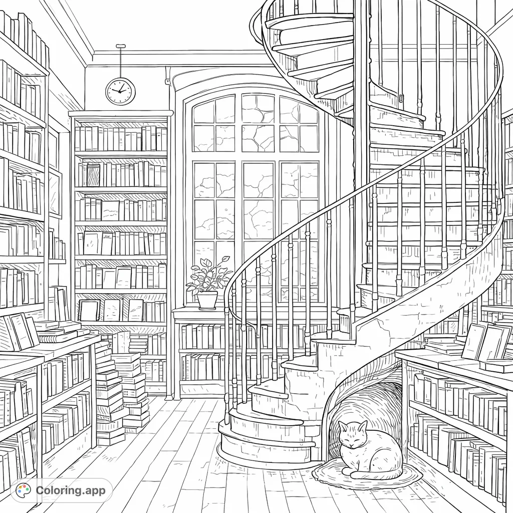 Discover a charming library scene featuring a majestic spiral staircase, overflowing bookshelves, a sunlit window, and a peaceful cat. A delightful page for book lovers.