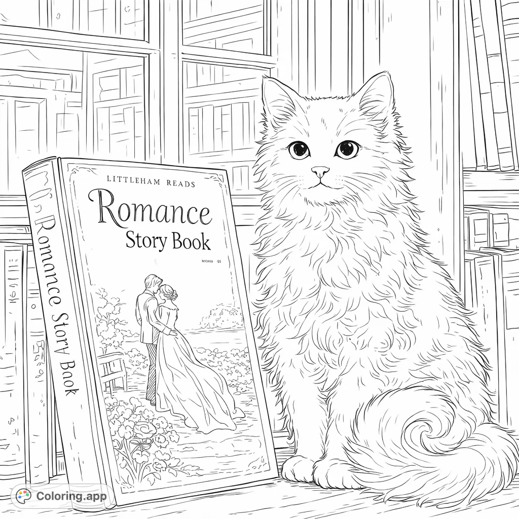 A fluffy cat sits attentively beside a book titled "Romance Story Book" by a window, amidst other volumes. This charming scene offers a delightful coloring experience.