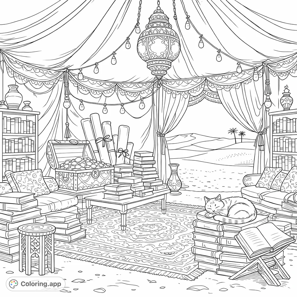 Explore a detailed desert tent with bookshelves, a treasure chest, and a sleeping cat. A perfect Arabian Nights coloring page for relaxation and creativity.