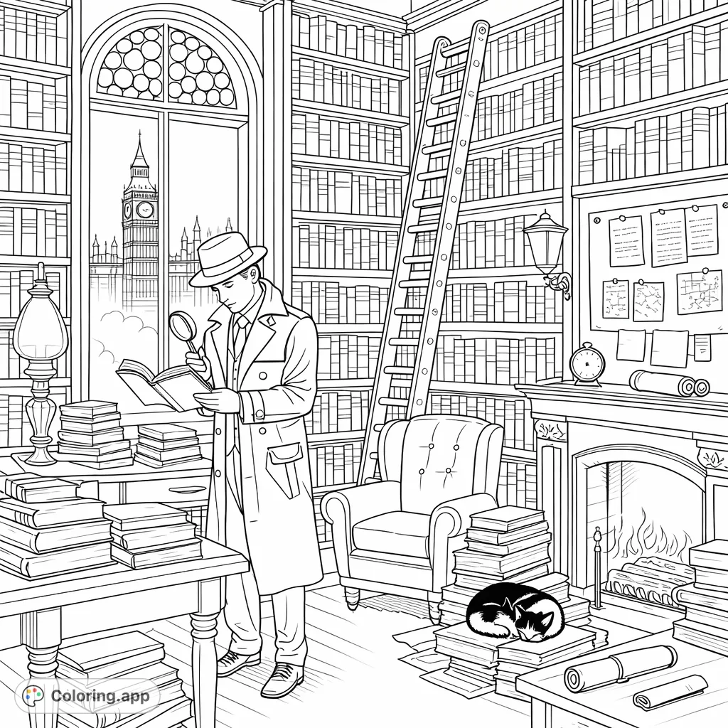 Explore a detailed detective's library, complete with a trench-coated investigator, towering books, a cozy fireplace, and a sleeping cat. A perfect mystery!