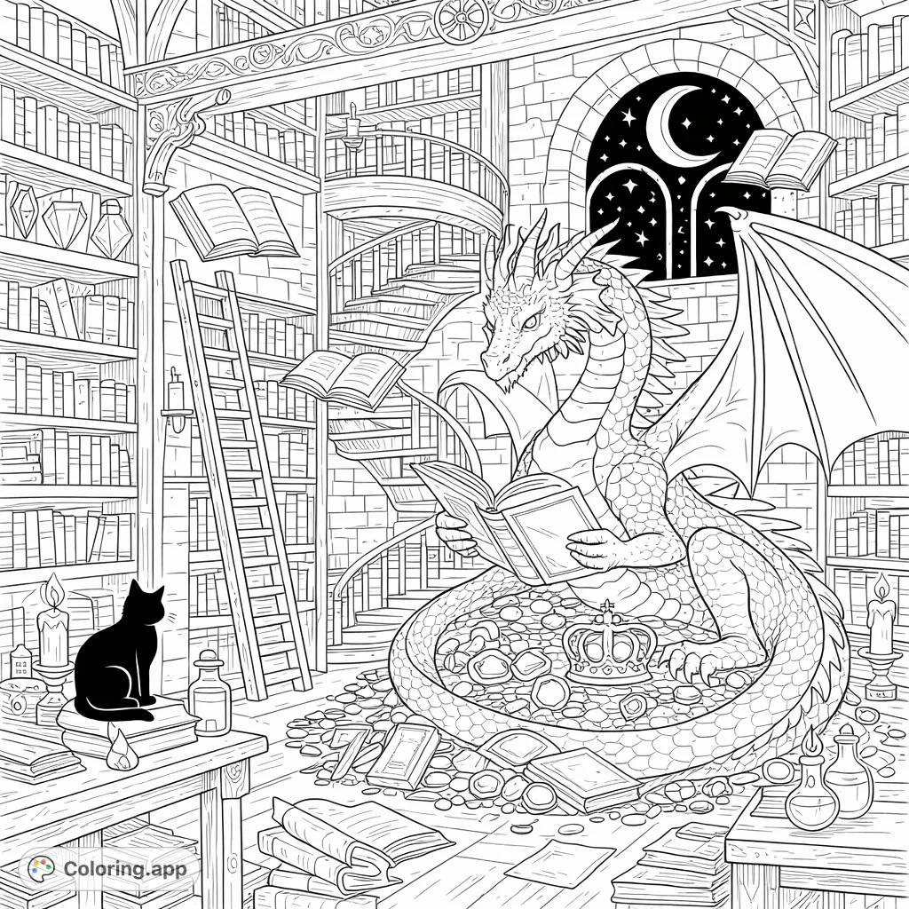 A magnificent dragon reads on a treasure pile in a magical library, surrounded by flying books, a watchful cat, and moonlit skies. A fantasy coloring page.