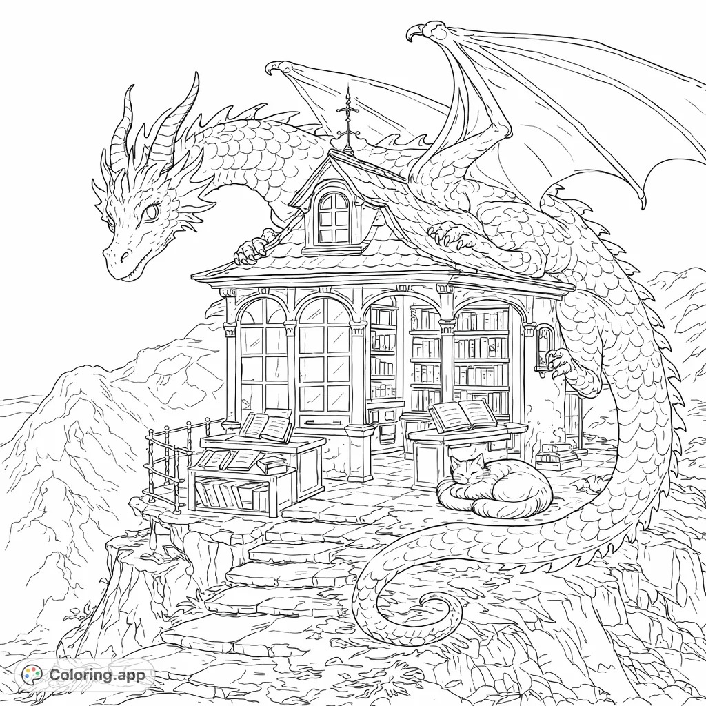 A majestic dragon guards a cozy mountaintop bookstore where a cat sleeps soundly. A perfect dragon coloring page for fantasy and book lovers.