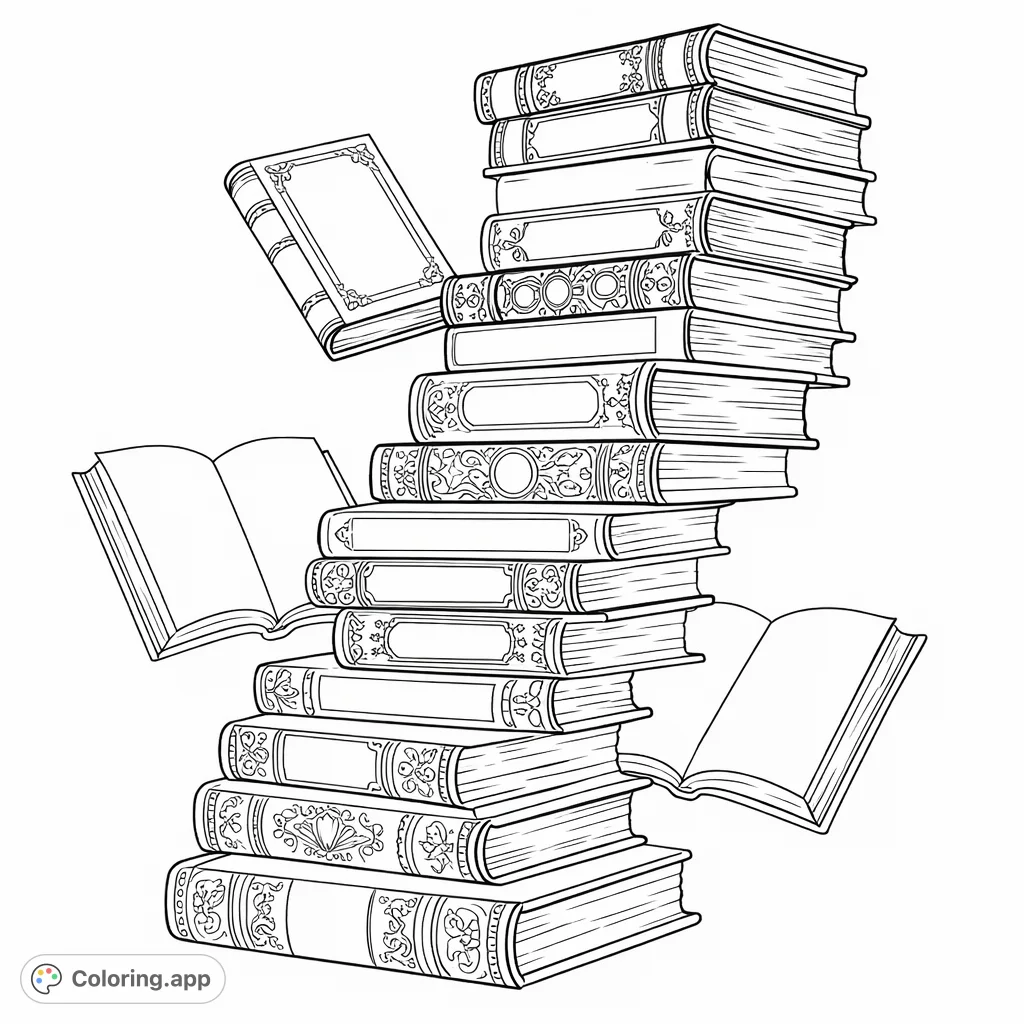 Dive into a literary adventure with this intricate book stack coloring page. Features detailed spines, open books, and a magical arrangement for book lovers.