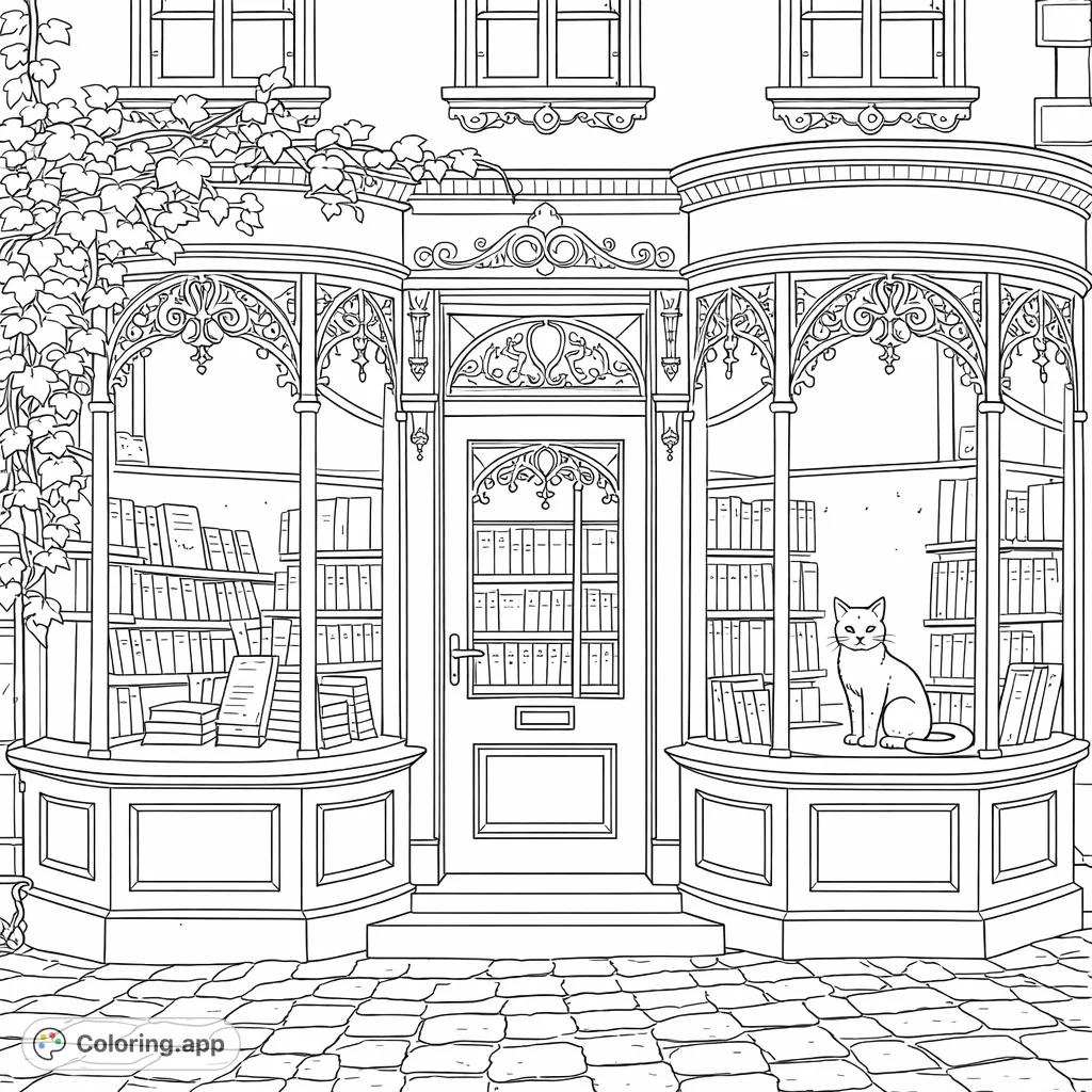 Explore a charming, intricate bookstore facade with a curious cat nestled in the window, surrounded by countless books. A delightful scene for mindful coloring.