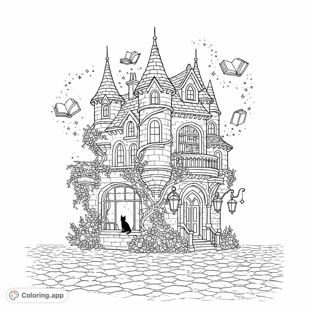 Discover a whimsical, detailed library castle coloring page with floating books, intricate stone architecture, climbing vines, and a cozy cat.