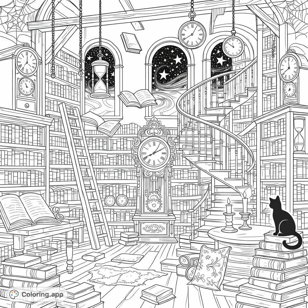Explore a magical library filled with books, antique clocks, a spiral staircase, and celestial windows. Discover a cozy reading nook with a feline companion.
