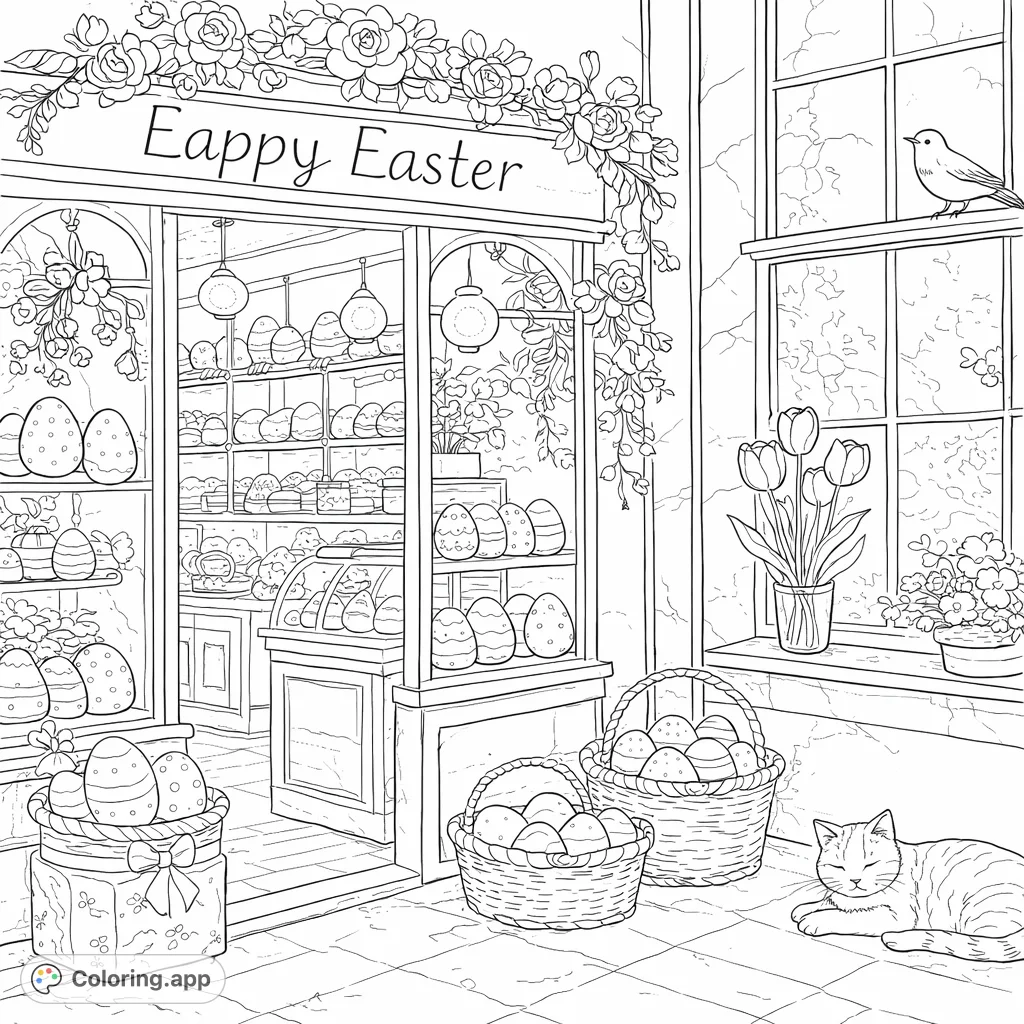 A charming Easter bakery storefront, adorned with floral garlands, showcasing delightful pastries and patterned eggs, with a serene cat and bird companion.