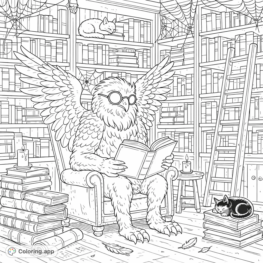 A majestic griffin reads in a cozy, book-filled library, surrounded by sleeping felines, flickering candles, and ancient scrolls. A detailed fantasy scene.