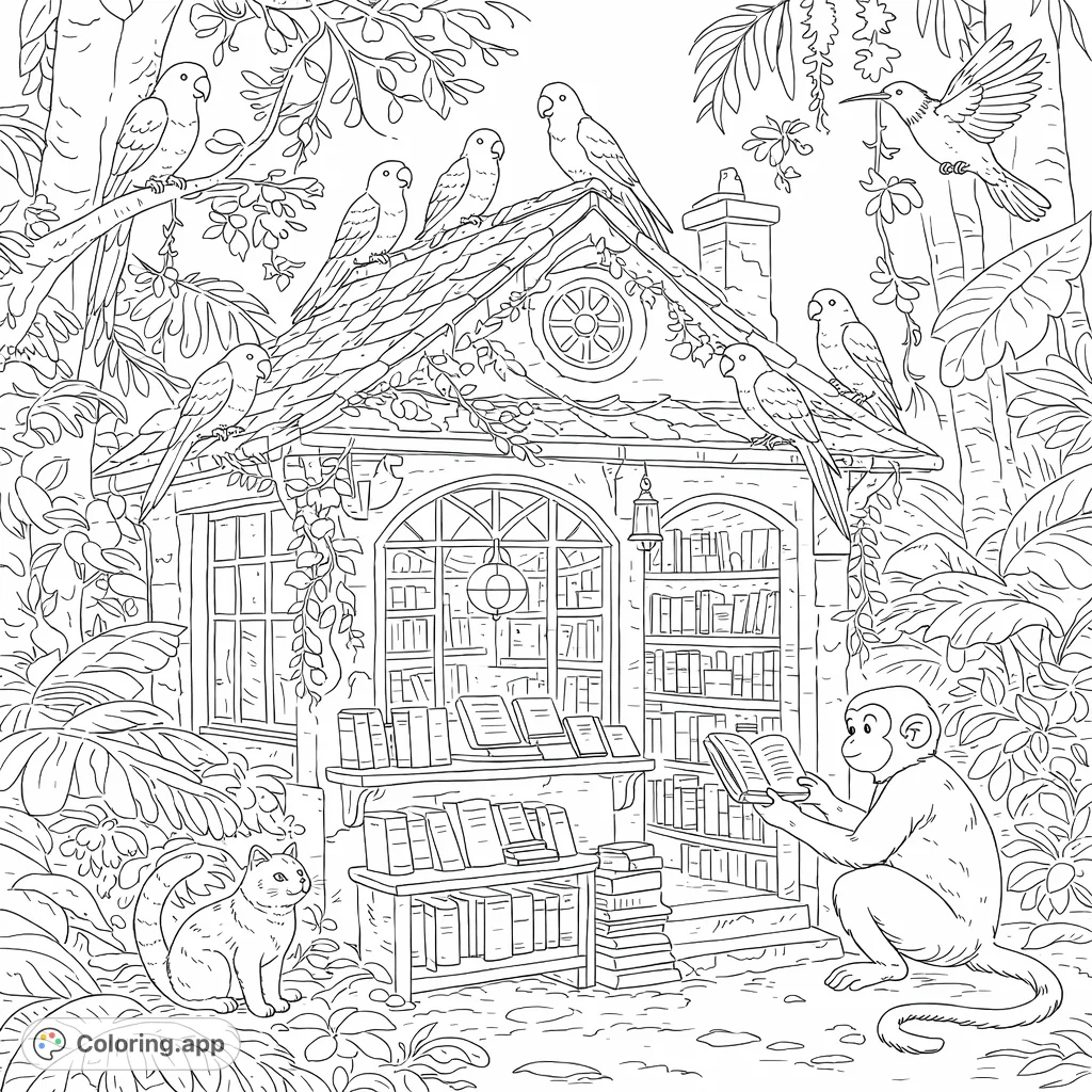 Explore a whimsical jungle bookstore where animals gather. A monkey reads, a cat watches, and exotic birds perch on the roof amidst lush foliage and stacked books.