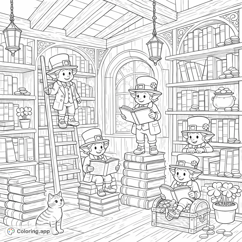 Immerse yourself in a whimsical leprechaun library, where charming characters, a cat, and hidden treasures await your creative touch.