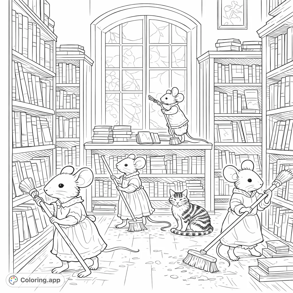 Delightful library scene featuring four diligent mice and a calm cat tidying bookshelves and floors. Perfect for detailed coloring fun.