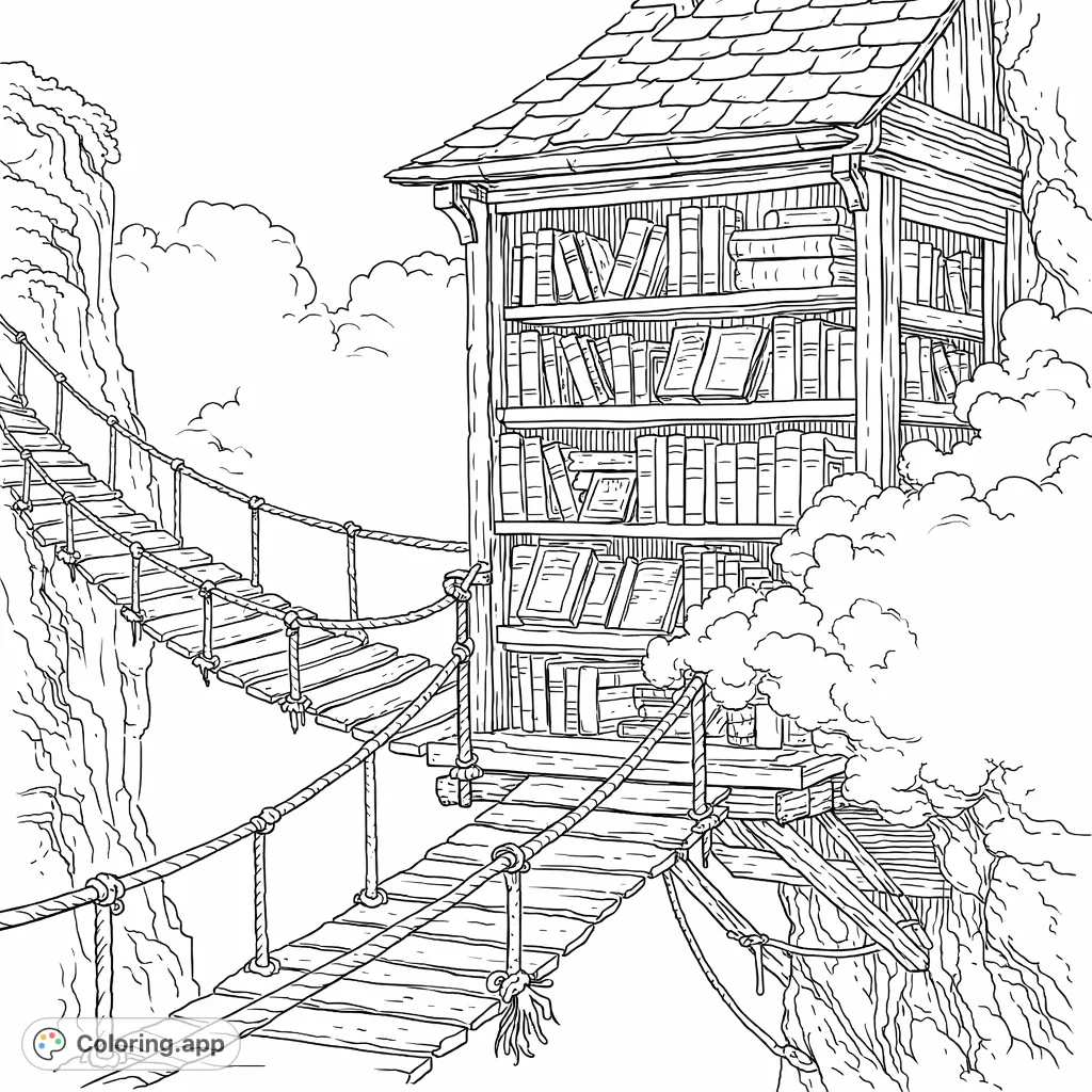 Explore a whimsical cliffside library connected by precarious rope bridges, filled with countless books. A magical scene awaiting your creative touch.