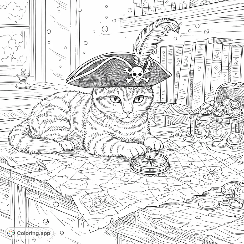 Embark on an adventure with this charming pirate cat! He's studying a treasure map with his compass, surrounded by glittering jewels and ancient books.