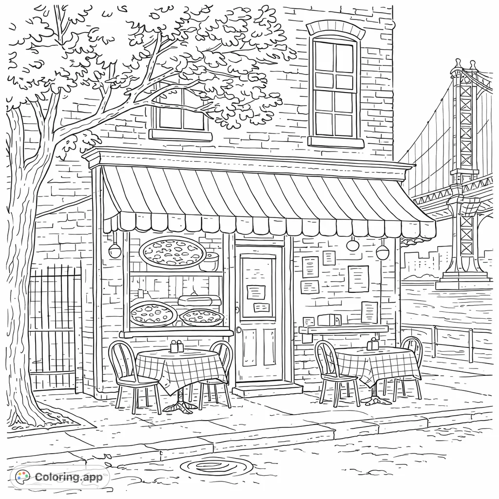 Color a delightful street scene featuring a cozy pizza shop with outdoor seating, a prominent tree, and a majestic suspension bridge in the background, offering a charming urban escape.