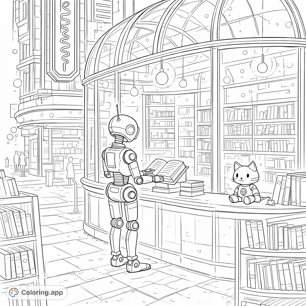 Explore a charming futuristic bookstall where a robot reads and a robot cat watches, amidst shelves of stories and glowing city lights. A delightful scene.