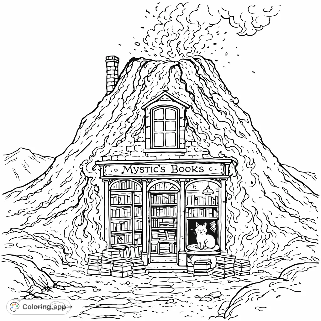 An enchanting volcano bookstore coloring page featuring a cozy feline amidst an erupting mountain. A whimsical, detailed scene for creative colorists!