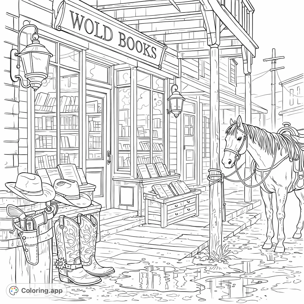 Explore a detailed Western town scene featuring a cozy bookshop, a saddled horse, and cowboy gear, perfect for history enthusiasts.