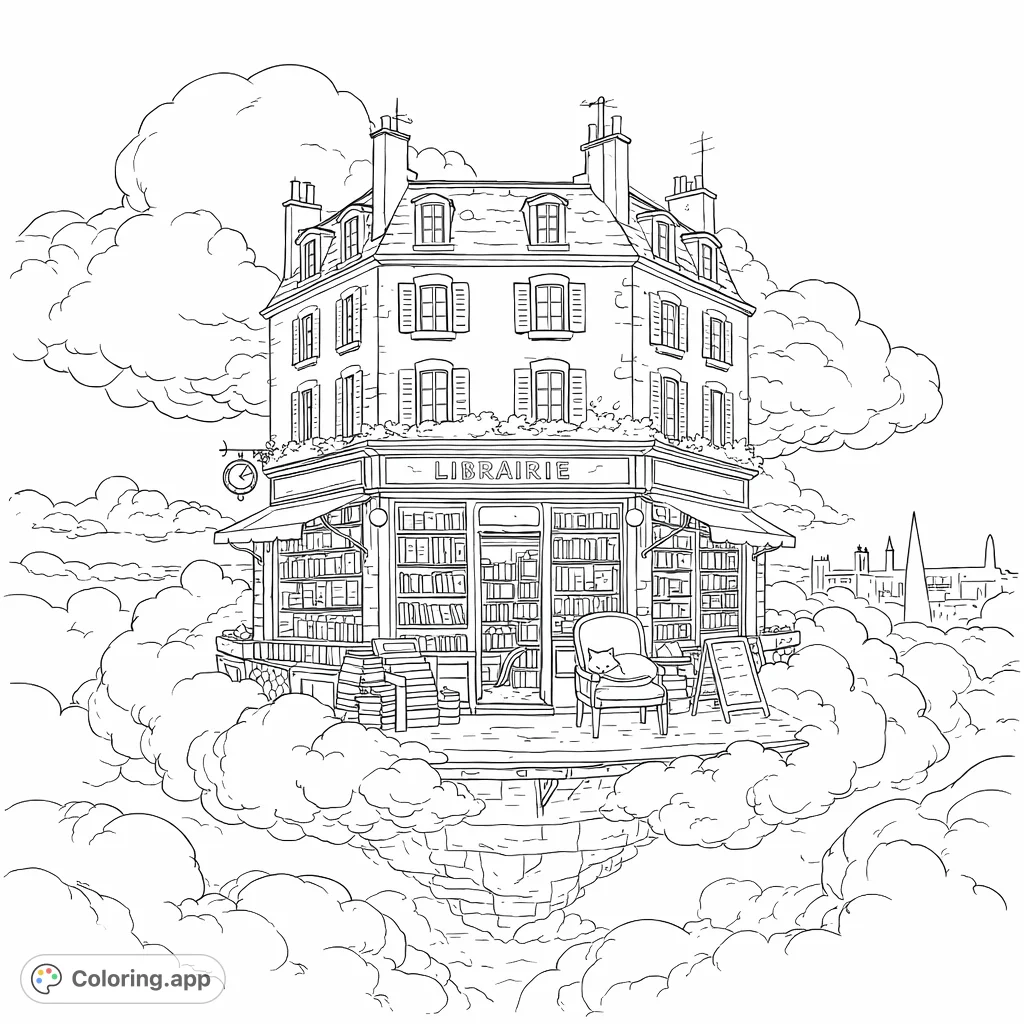 A charming bookstore floats among the clouds, with a cozy cat relaxing outside its entrance. A whimsical and detailed scene for dreamers, book lovers, and intricate coloring.