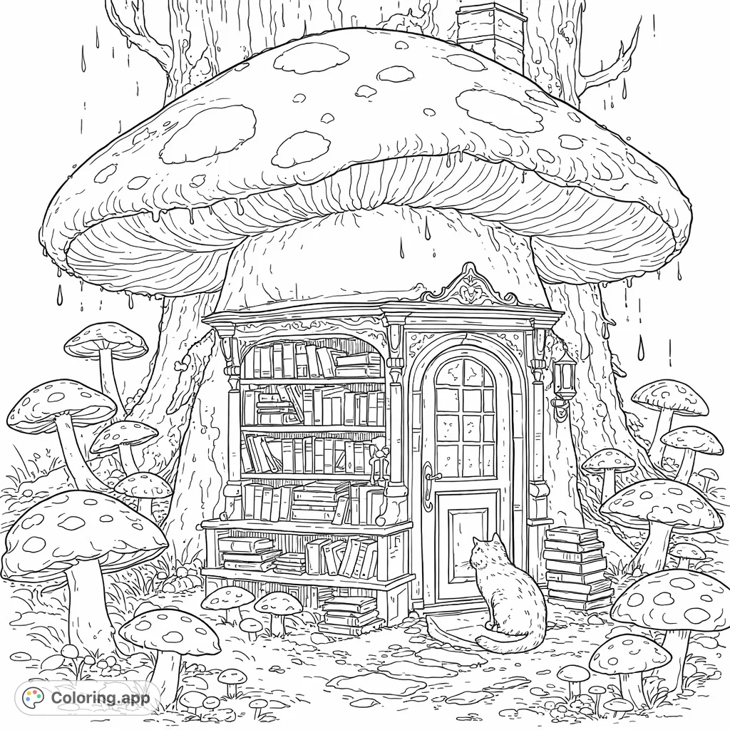 Explore a charming mushroom house library with a cozy glowing entrance, a curious striped cat, and an abundance of whimsical forest fungi.