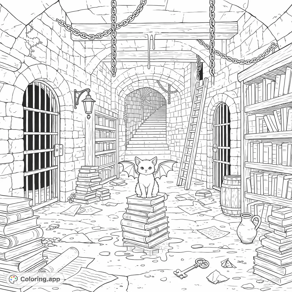 Explore a mysterious stone library where a winged cat guards ancient scrolls. A detailed scene with books, chains, and hidden corners perfect for fantasy enthusiasts.