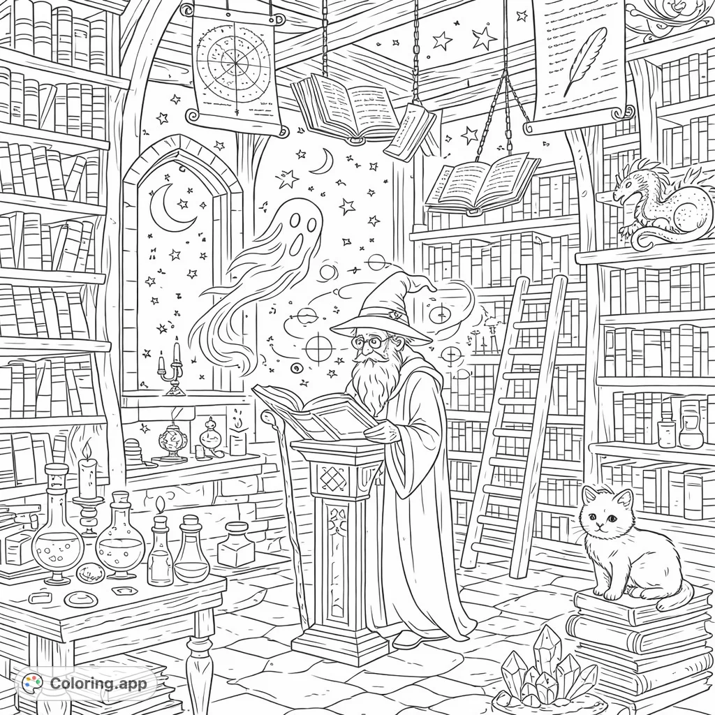 Enter a wizard's enchanted library. A wise wizard reads a spellbook, surrounded by floating books, a friendly ghost, and mystical artifacts under a starlit moon.