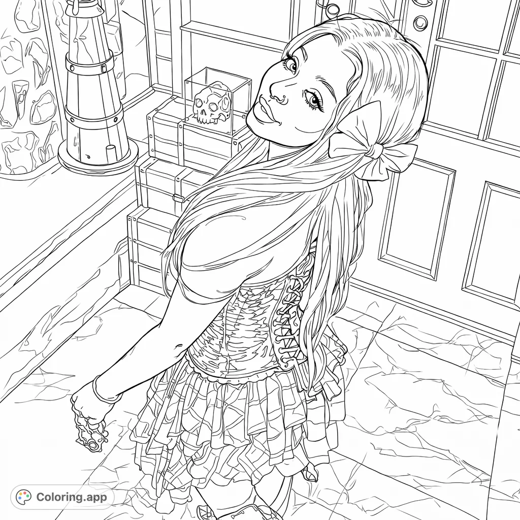 Capture the essence of a fashionable figure with flowing hair, a detailed corset top, and a layered plaid skirt, set amidst decorative maritime-themed elements.