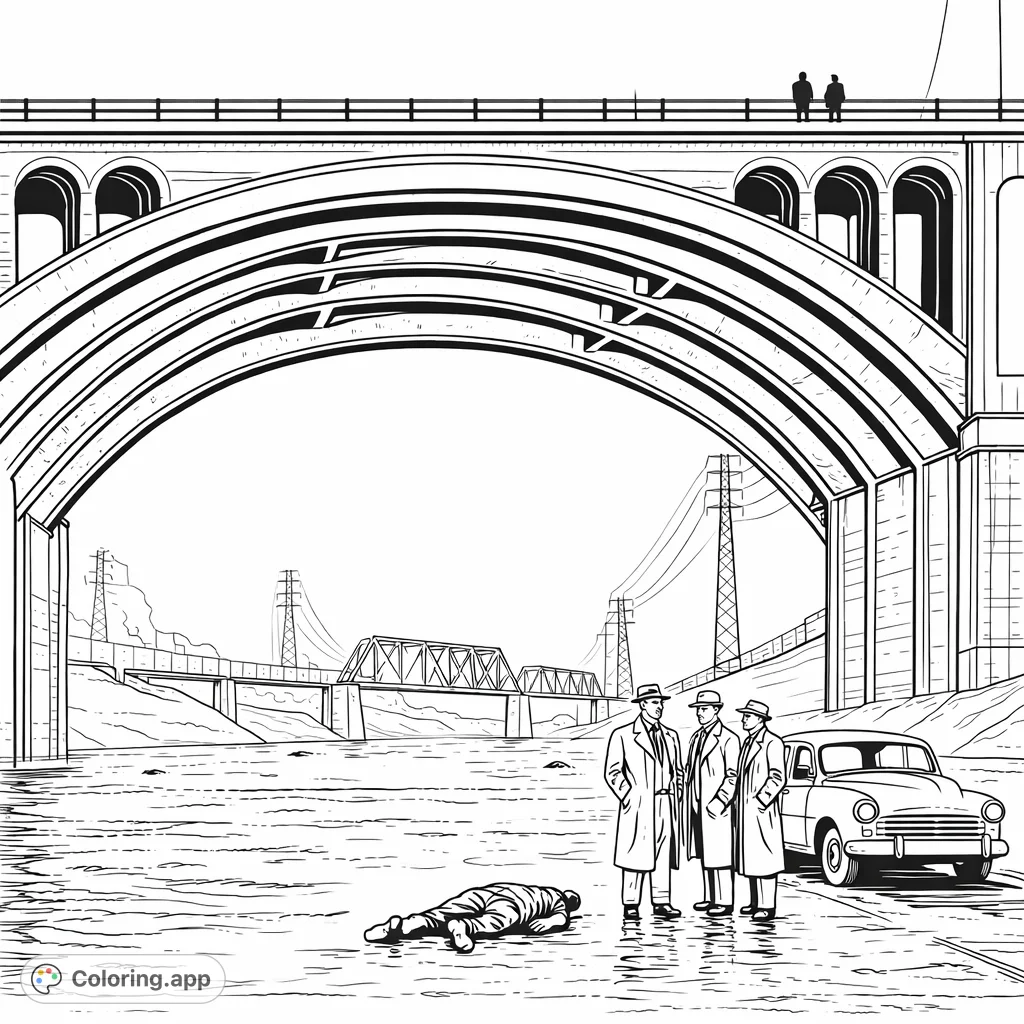 Step back in time with this vintage bridge scene. Explore a riverside mystery, featuring classic cars and figures under a grand archway, perfect for adult colorists.