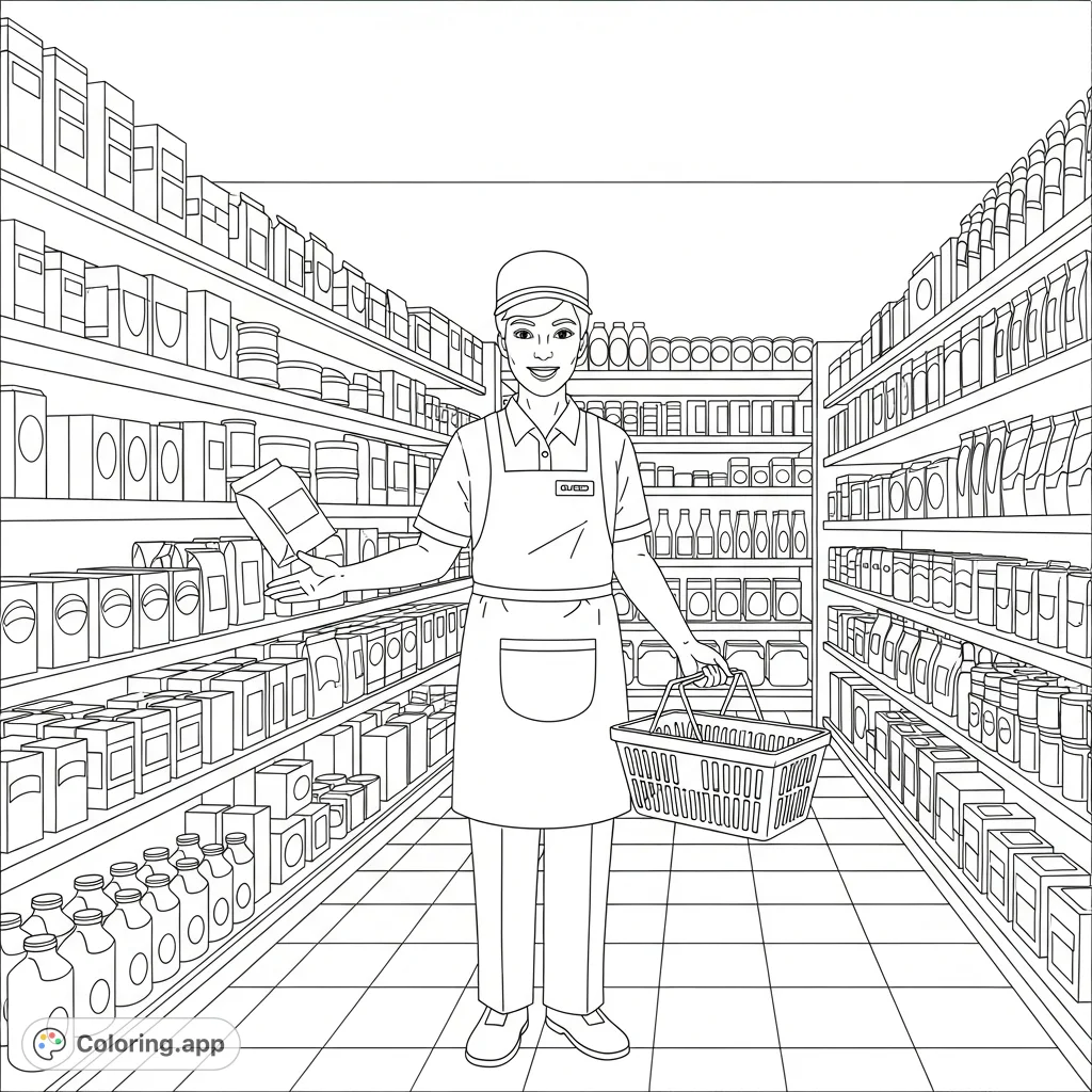 Color a detailed retail worker in a bustling store aisle, surrounded by shelves of products. A free printable retail worker coloring page.