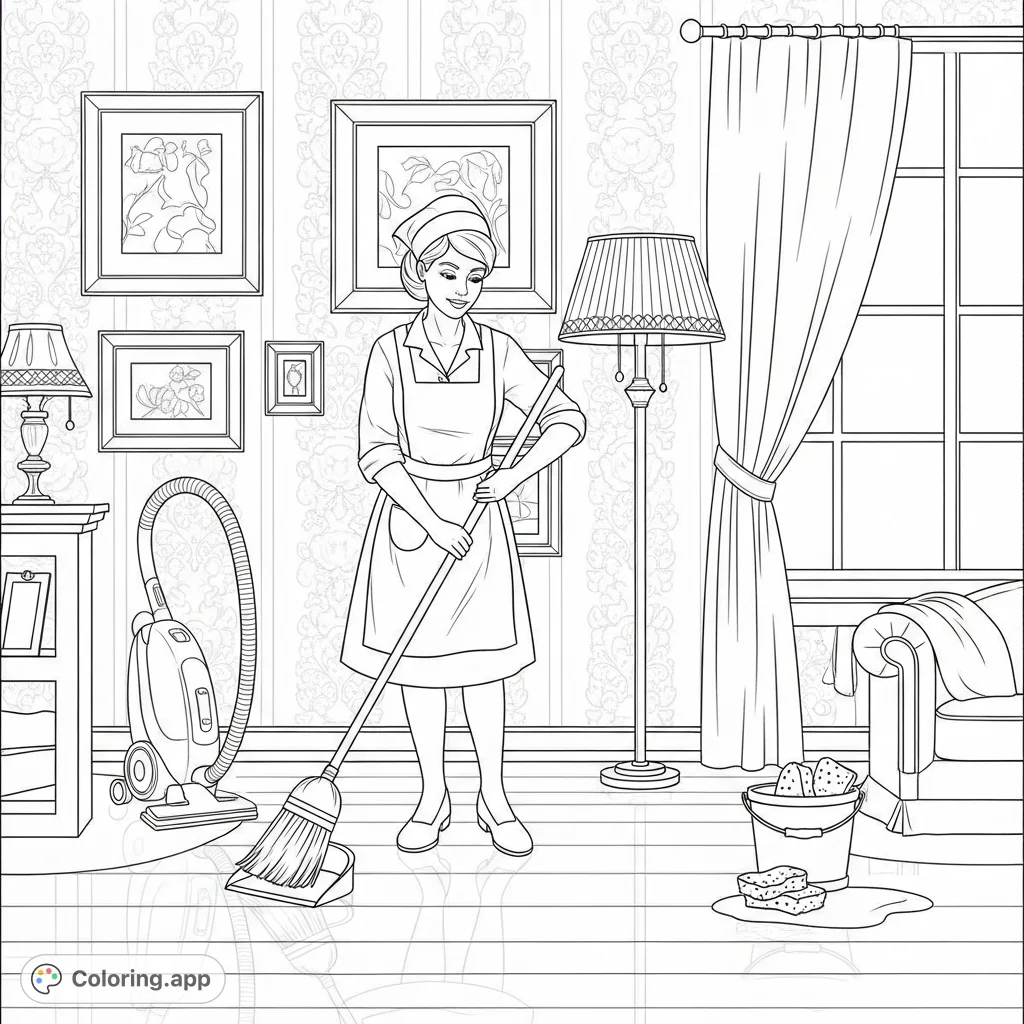 A detailed housekeeper coloring page showing a diligent figure in a tidy living room with cleaning tools, perfect for creative expression.