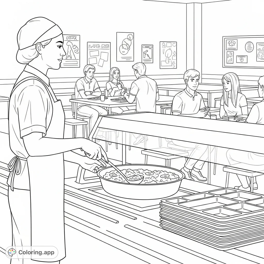 Depicts a high school cafeteria worker serving lunch to students, capturing an everyday school scene. Ideal for community helper and school-themed coloring fun.