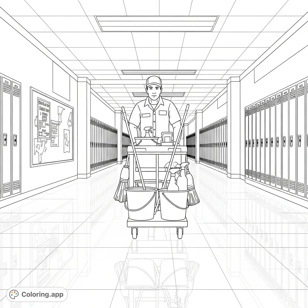 A detailed school hallway scene featuring a janitor pushing a cleaning cart, with lockers and a reflective floor, perfect for an engaging coloring experience.