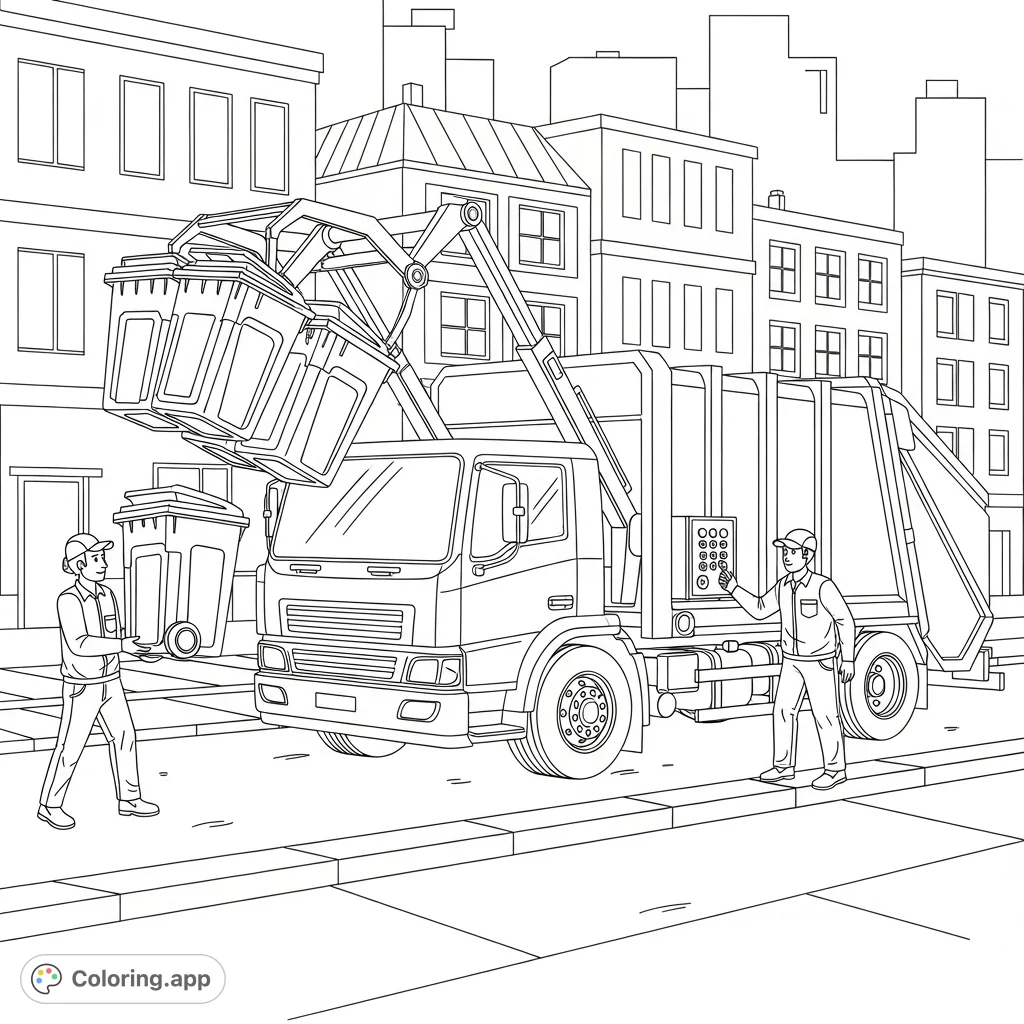 A dynamic waste management scene featuring a robust garbage truck and diligent sanitation workers collecting bins, perfect for learning about community heroes.
