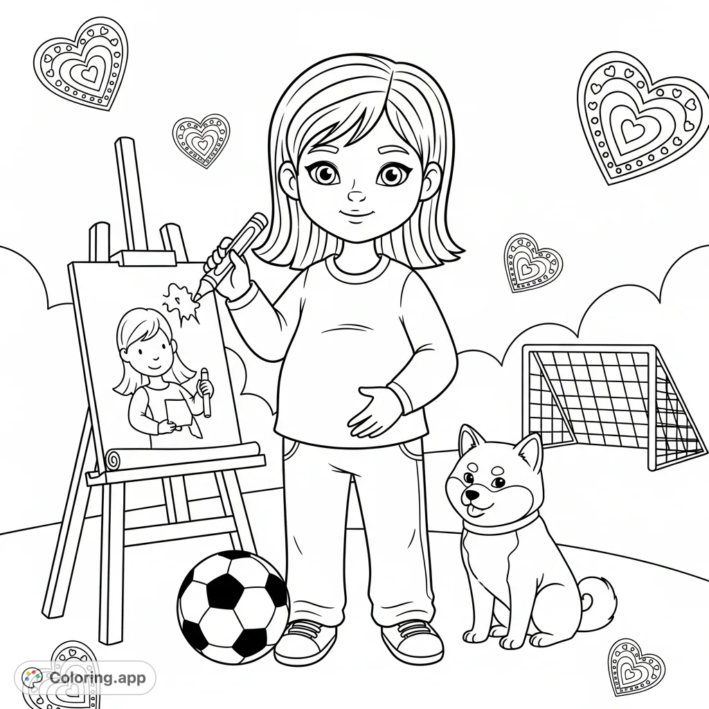 A heartwarming coloring page featuring seven-year-old Paola, embracing her role as a future big sister, surrounded by her beloved soccer and art supplies.