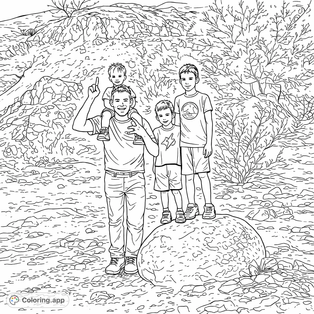 Capture a joyful family moment with this outdoor adventure coloring page featuring a dad, three kids, and a textured rocky landscape.
