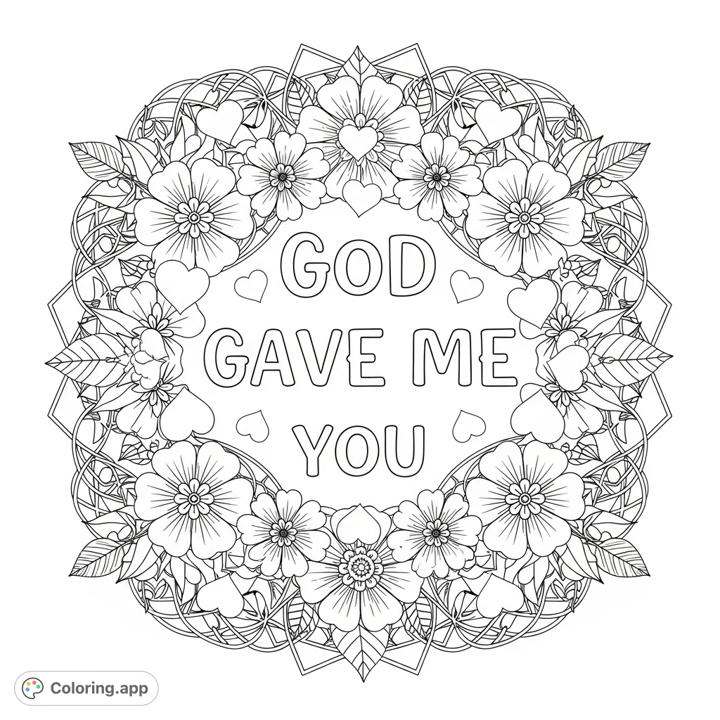 A heartfelt coloring page featuring "God gave me you" surrounded by beautiful flowers, delicate hearts, and intricate geometric patterns. Express love and gratitude.