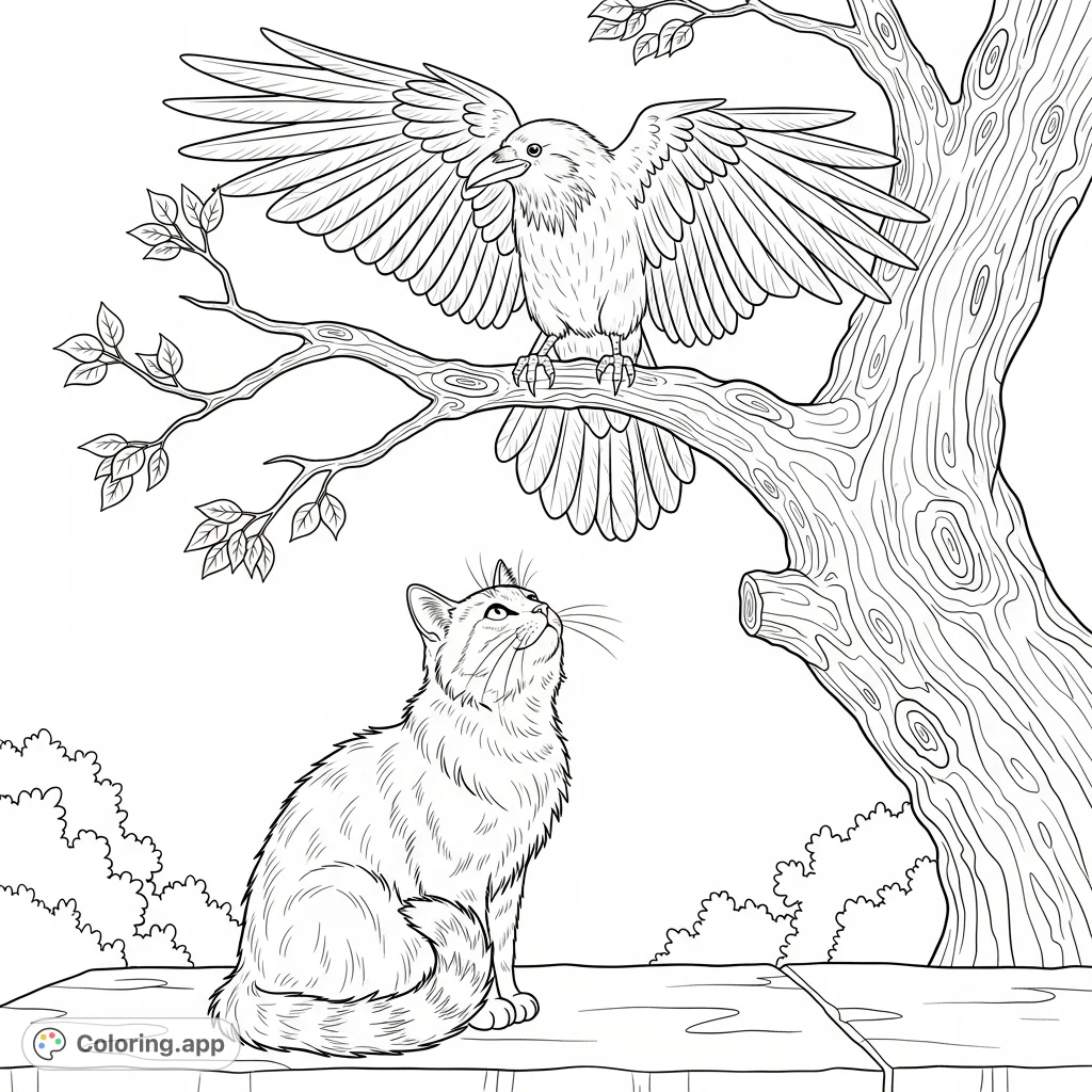 A serene nature scene featuring a curious cat observing a majestic crow with spread wings on a gnarled tree branch. Perfect for animal and wildlife enthusiasts.